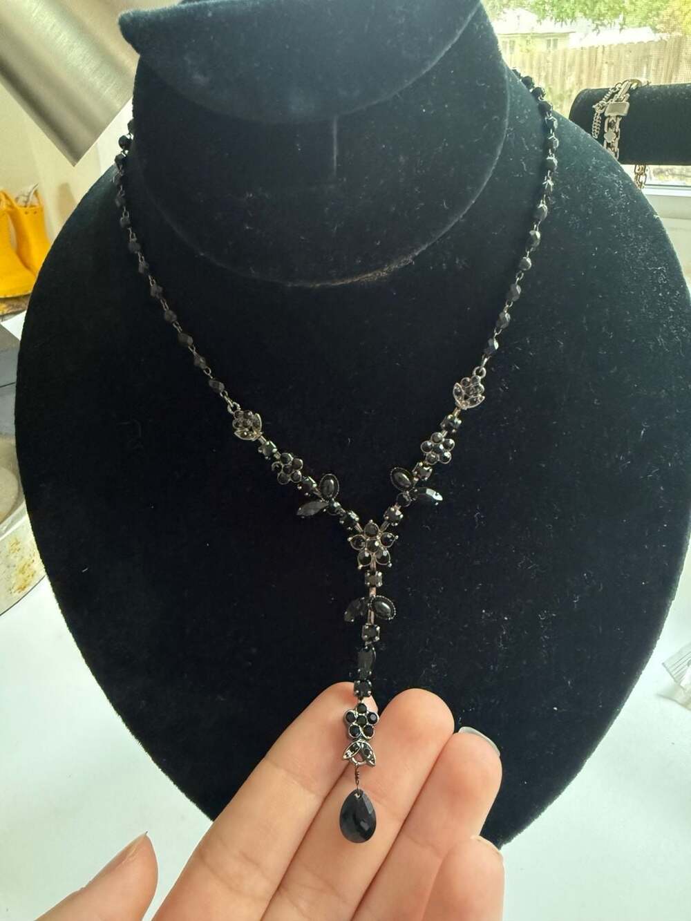 Liz Claiborne Black Rhinestone Y Drop Necklace